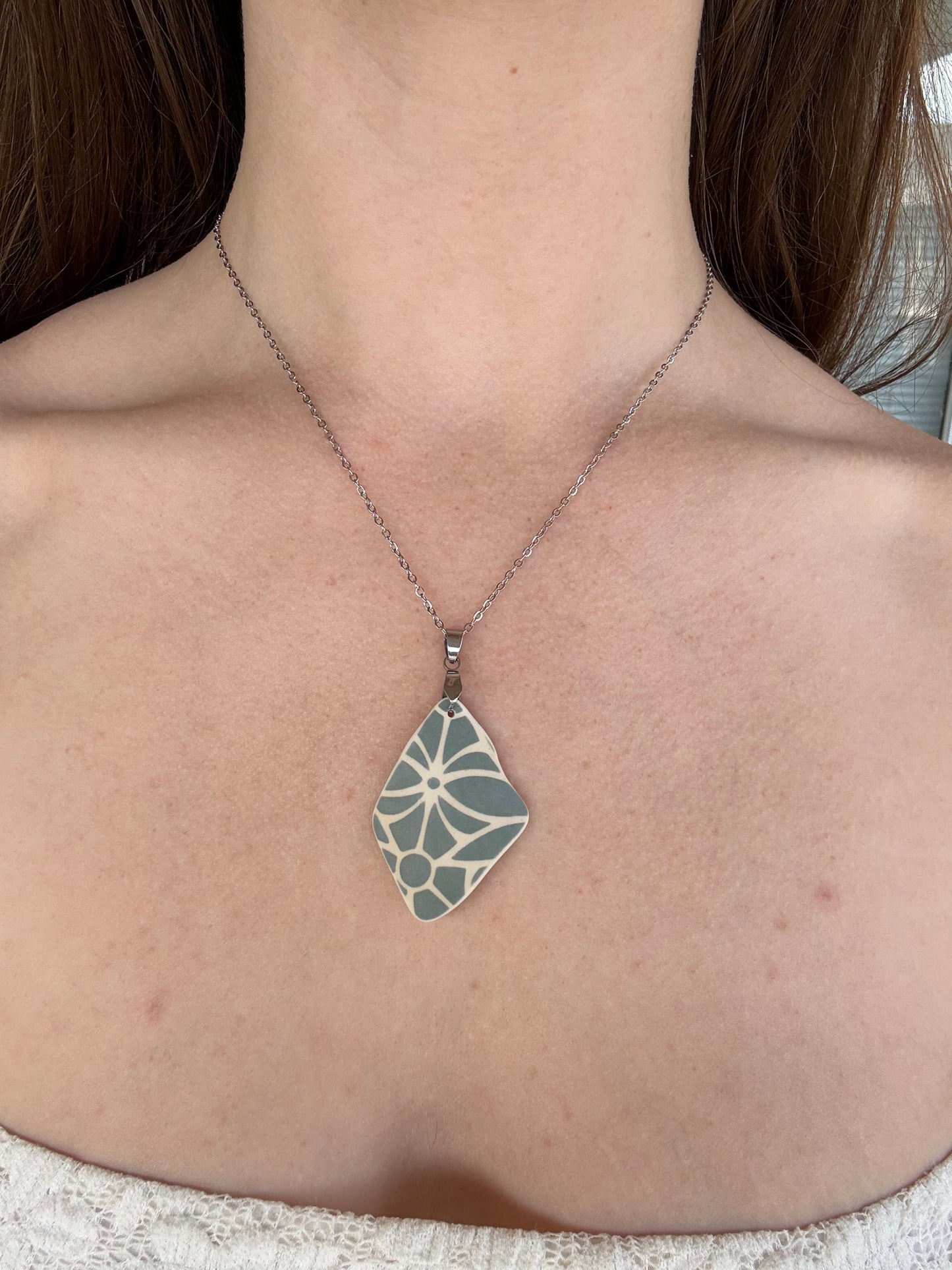Relic Pendant - Blue Grey Geo Floral / Silver
